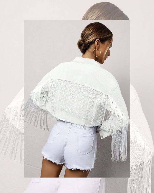 White denim jacket with fringe for festival style weddings from SHEIN