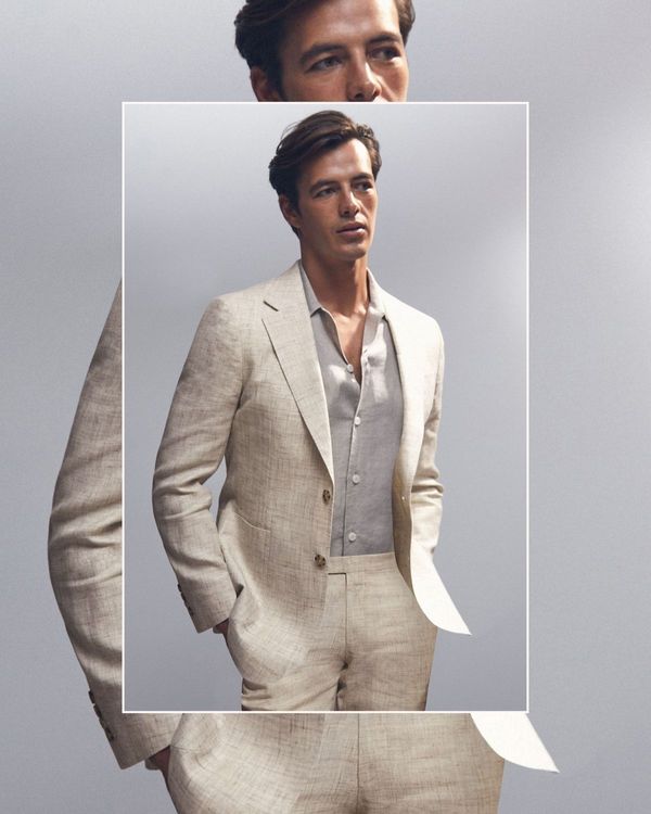 Collage of best wedding suits for men, including groom suit from Reiss