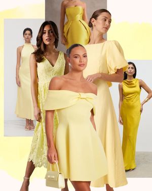 Collage of the best yellow bridesmaid dresses to shop online from Quiz, Nobody's Child, Coast, Club L London, Cider & more.