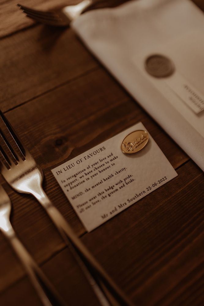 In lieu of favours card telling guests about the voluntary charity donation by the couple 