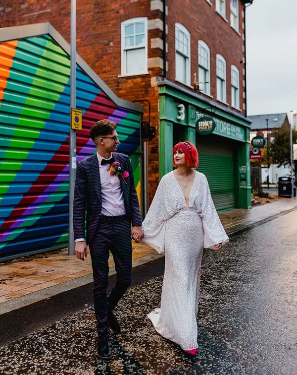 bride-wearing-asos-sequin-bat-wing-wedding-dress-with-groom-in-purple-checkered-suit-Dandrew-Photography