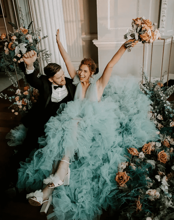 Bride in light blue tulle Millia London wedding dress