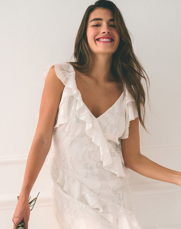 'Remi V-Neck Ruffle Maxi Dress Ivory' wedding dress from Monsoon's 2025 bridal collection