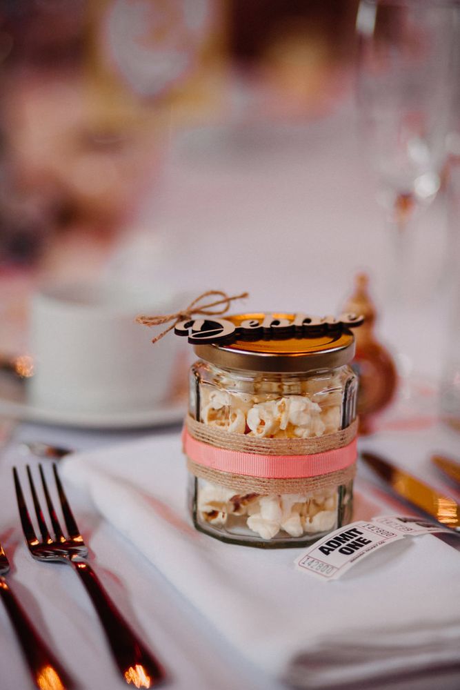 Mini jar of popcorn wedding favour idea 